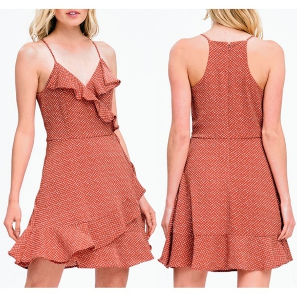 Rust Retro Ruffles Faux Wrap Racer Back Cute Dress - Picture 2 of 8